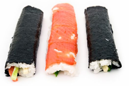 Cooking sushi. Diverse half-finished products on a white background