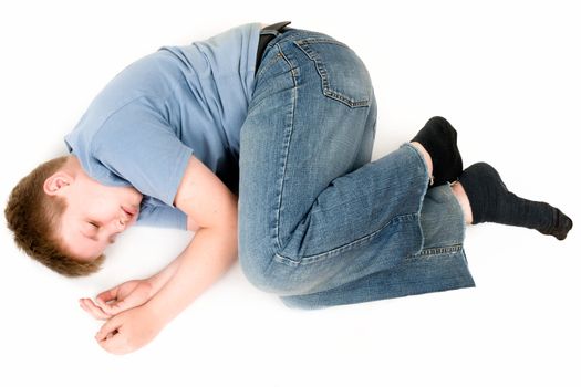 sleeping little boy on a white background