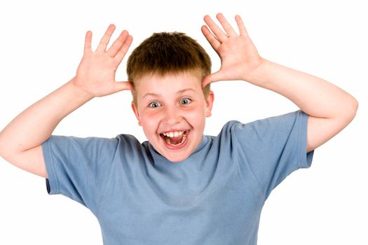 hello everybody. smiling little boy on a white background.