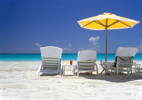 Empty deck chairs wait on a white sandy beach facing the turquoise waters of the Bahamas.