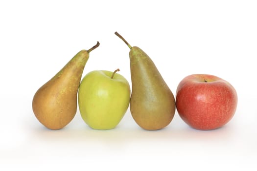 Two apples and two pears isolated on white background with clipping path