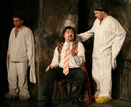 Performance " Is faster, than rabbits ". On a photo Igor Zolotovitsky, Leonid Barats and Rostislav Hait