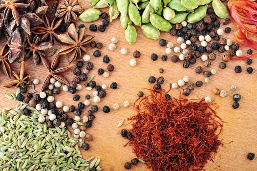 Different of spice are heaped on the table