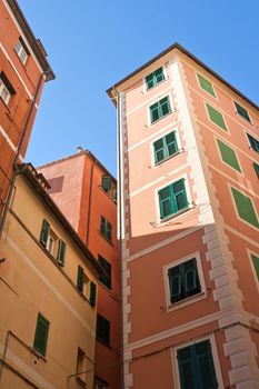 characteristic frescoed homes in Camogli, famous small town in Liguria, Italy