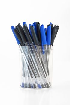 group of black and blue pens isolated on white background with clipping path