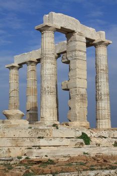 Closeup of Temple of Poseidon, god of the sea, at Cape Sounion near Athens, Greece.