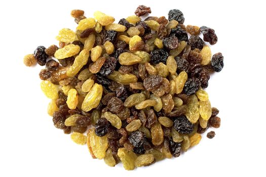 Pile of assorted raisins isolated over a white background.
