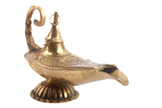 A golden magic lamp isolated on a white background. Image is at 21 megapixels.