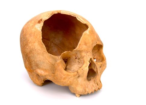 Old broken skull against white background