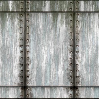 Seamless worn green metal texture with rivets that tiles as a pattern in any direction.