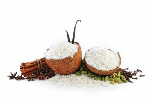 Coconut parts are filled with crumbs and Spice