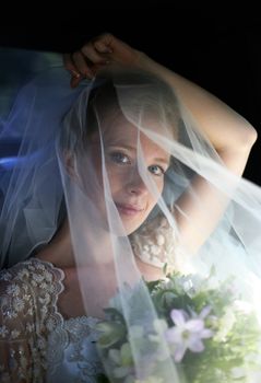 The beautiful bride is closed by a veil