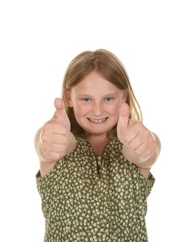 young girl gives two thumbs up on white background