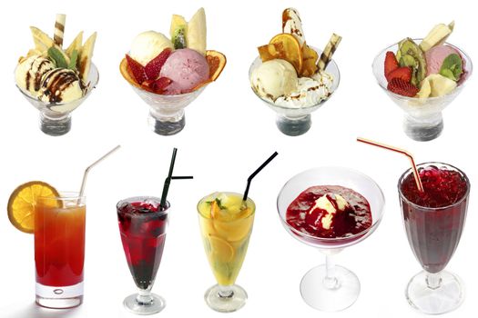 Cocktails and ice-creams mix on white background. Full size 6100x4067 pix