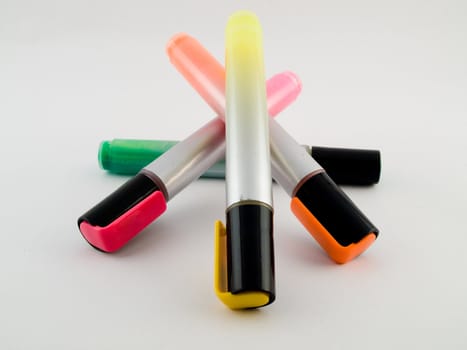 Stack of Bright Color Office Marker Highlighter Pens Thick Stem Handles in Pink Green Orange and Yellow