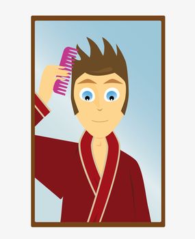 A boy combs his hair at the mirror