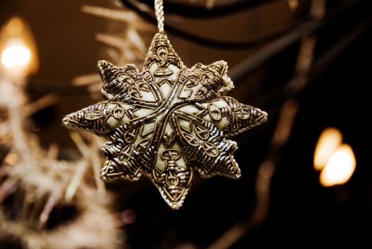 A silver Christmas Star  ornament decorates a tree.