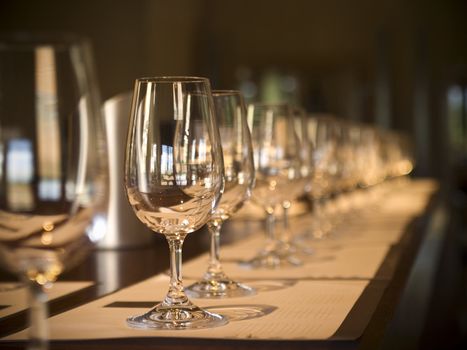 A long row of empty glasses before the wine tasting starts. Selective focus.