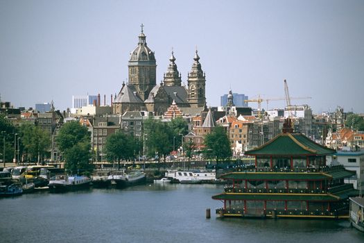 View of Sint Nicolaaskerk, or Saint Nicolas Church, in Amsterdam, The Netherlands. 