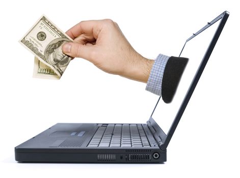 A hand with a dollar bill appears from the laptop screen.