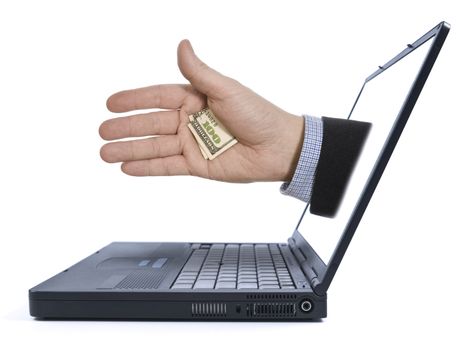 A hand with a hidden tip appears from the laptop screen.