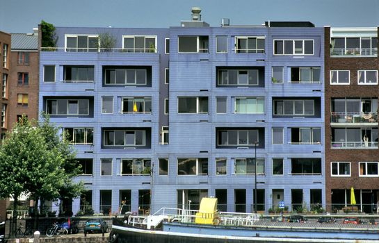 Java Island in Amsterdam is a great place to see some of the most interesting Dutch Modern Architecture like this interesting blue condo building.