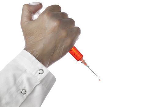 A male doctor holds a syringe like it was a knife. Isolated on white.