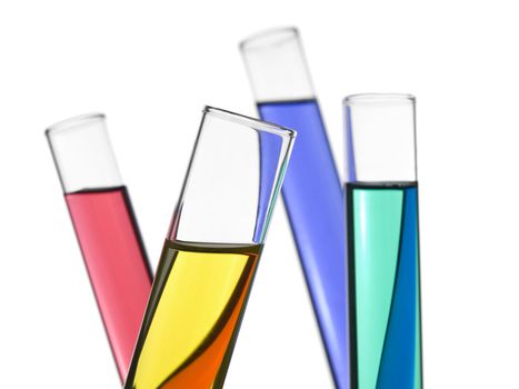 Four test tubes filled with colored liquids. Isolated on white.