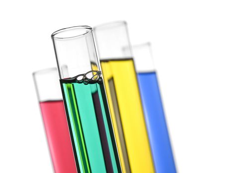 Four test tubes filled with colored liquids. Isolated on white.