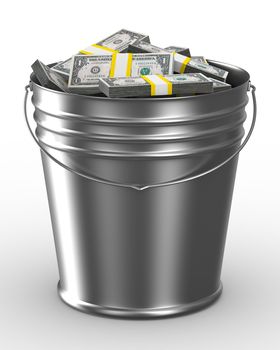 Bucket with money on white background. Isolated 3D image