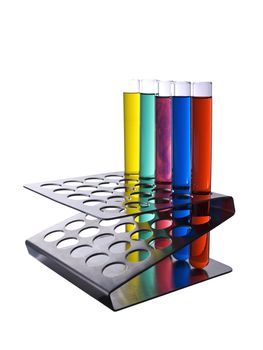 Several test tubes filled with color liquids. Isolated on white.