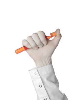 A doctor's hand holds a test tube pressing the cap on with his thumb.