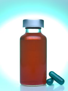 Close up of a vial full of red liquid, green pills aside.