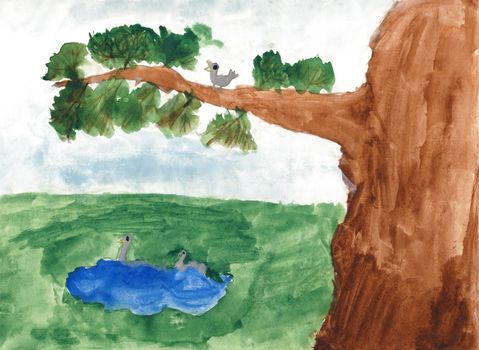 Children's colored drawing - tree and birds