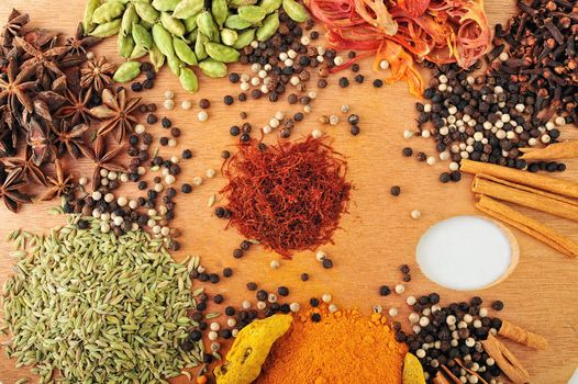 Various Spices are located on a wooden palette