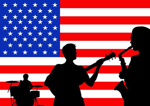 Illustration of musicians over a flag of the United States