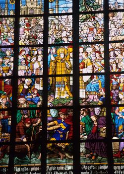 Detail of a stained glass window depicting ancient Antwerp, Antwerp Cathedral, Belgium