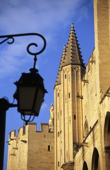 The twin turrets of the Palace of the Popes in Avignon, France.