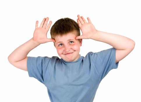 hello everybody. smiling little boy on a white background.