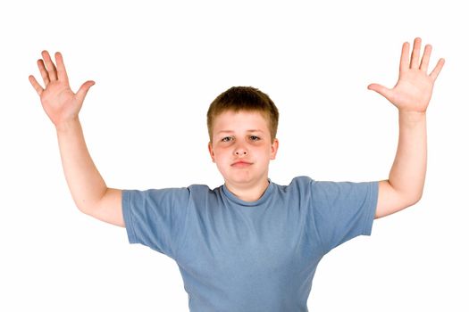 hands-up. little boy on a white background.