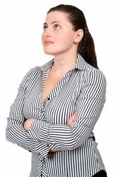 beautiful woman looks upwards on a white background