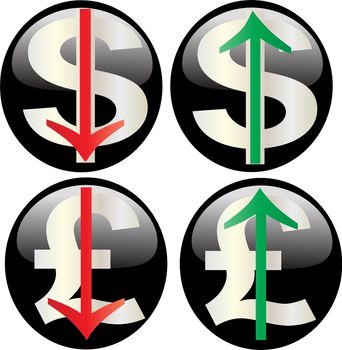 web buttons illustrating rising and falling currency values