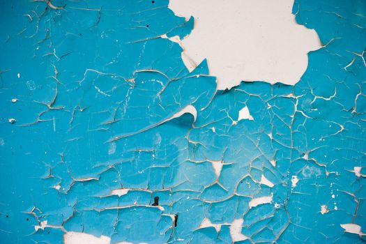 Blue peeling paint on the white wall grunge background