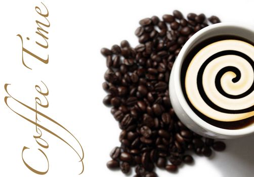 A landscape format image of a cup of coffee with a cream swirl, set amongst a pile of coffee beans. Text spelling out coffee time runs horizontal to left of image, on a white isoltaed background.