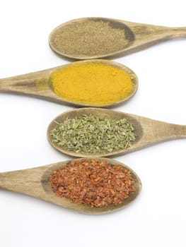 spices in wood spoons