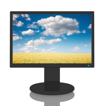 Computer monitor with a beautiful image of a field of sunflowers.