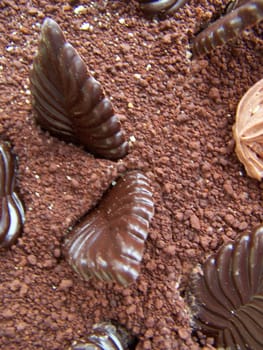 Cake made of chocolate decorated with chocolate leaves. Macro.