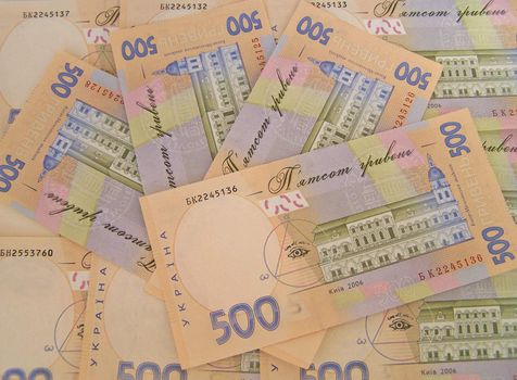 Grivna  five hundred banknotes. Ukrainian money. Close up.