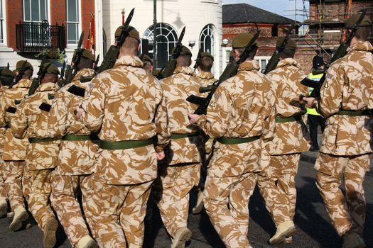Irish Guards marching in Liverpool after coming home from a tour of duty in Iraq