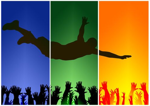 man jump on hand in color background